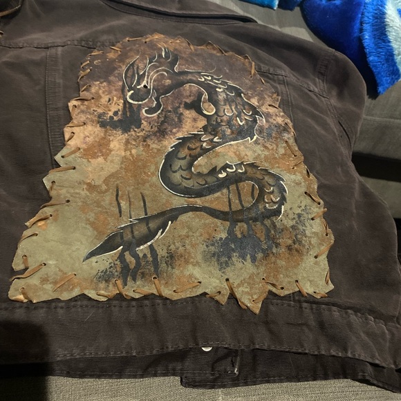 Vintage Cropped Dragon Patch Denim Jacket Brown 42 - Picture 12 of 14